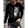 Black and White Tiger 3D Print Men's T-shirt Fashion Long-sleeved T-shirt Casual Round Neck Street Top Loose Pullover Autumn