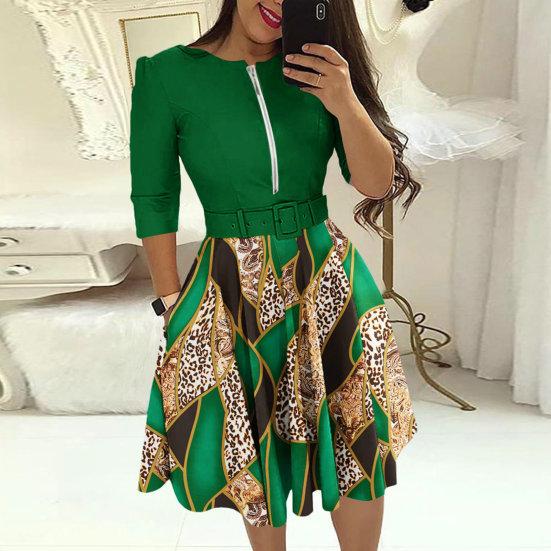 Ladies Dress Zipper Decor Belted Tight Waist Color Matching Print Round Neck Pockets Three Quarter Sleeve A-line Loose Hem Spring Fall Mini Dress