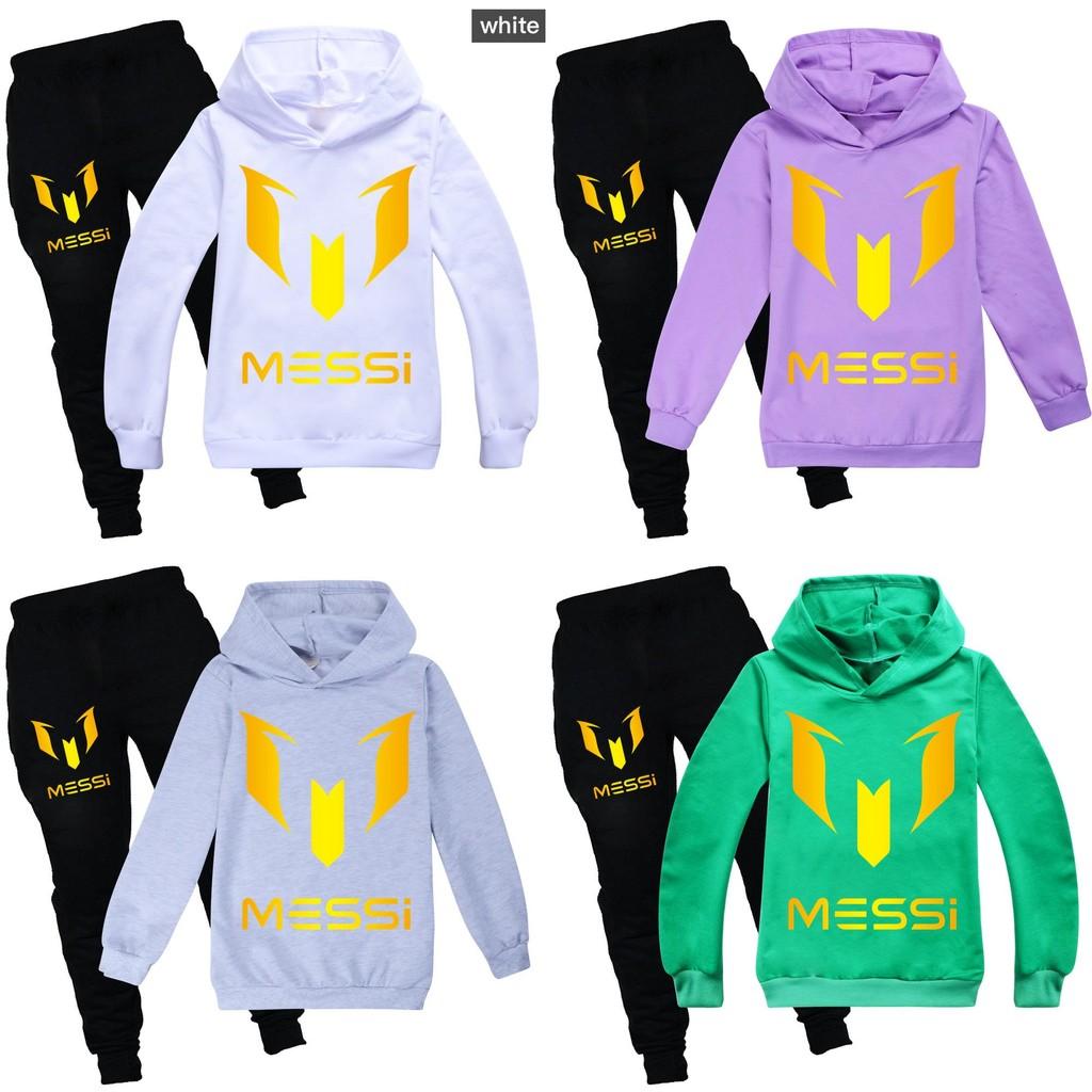 Messi Letter Print Cartoon Kids Hoodie And Pants Set With Cotton Fabric