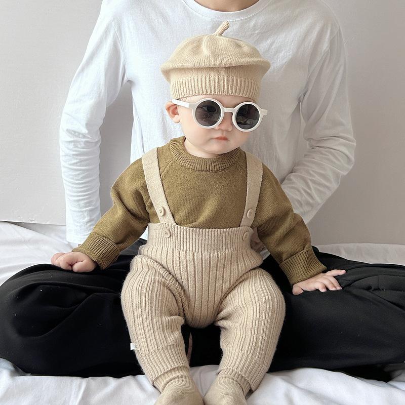 Autumn Baby Clothes Boys Spring Onesie Foreign Style Baby Knitted Straps Two-Piece Outing Clothes