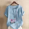Women's Fashion Round Neck Short Sleeve T-shirt Casual Cotton Linen Graphic Shirt Leisure Loose Flowers Prined Summer Blouse Tops