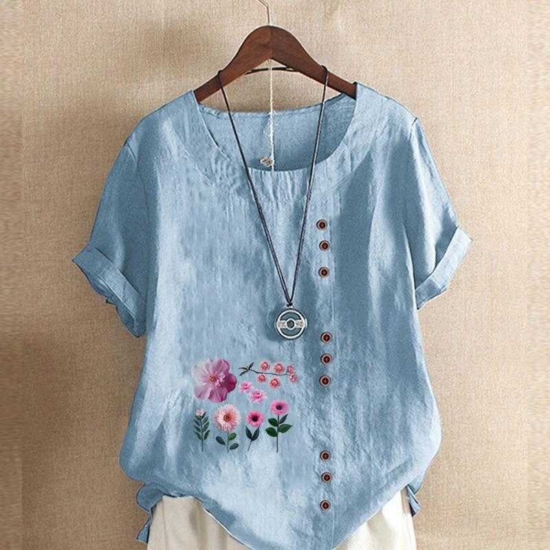 Women's Fashion Round Neck Short Sleeve T-shirt Casual Cotton Linen Graphic Shirt Leisure Loose Flowers Prined Summer Blouse Tops