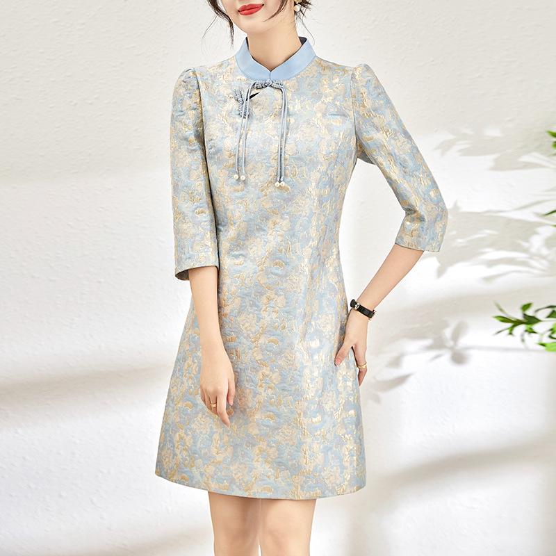 Spring New Arrival Gold Silk Jacquard Slim Waist Dress - Women's Fashion