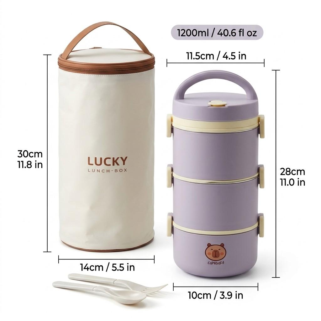 Kawaii 304 Stainless Steel Lunch Box Leakproof Thermal Bento Box Microwavable Food Container with Handle for Kids School Adults