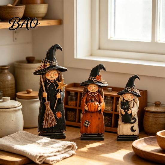 Charming Witch Decor for Autumn Parties Wooden Ornament, Retro Halloween Figurine with Broom/Pumpkin/Black Detailed Carving Cat, Creative Tabletop