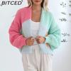 Oversized Knit Pocket Cardigan Coat for Women Chunky Knit Contrast Colour Single-Breasted V-Neck Top