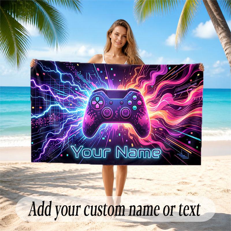 Game Controller Theme Soft Beach Towel Personalized Custom Name Text Towel Portable for Beach Pool Travel