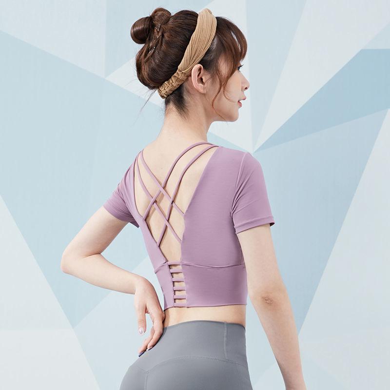 Women's Short Sleeve Yoga Crop Top with Chest Pads - Tight Fit Running and Fitness Vest