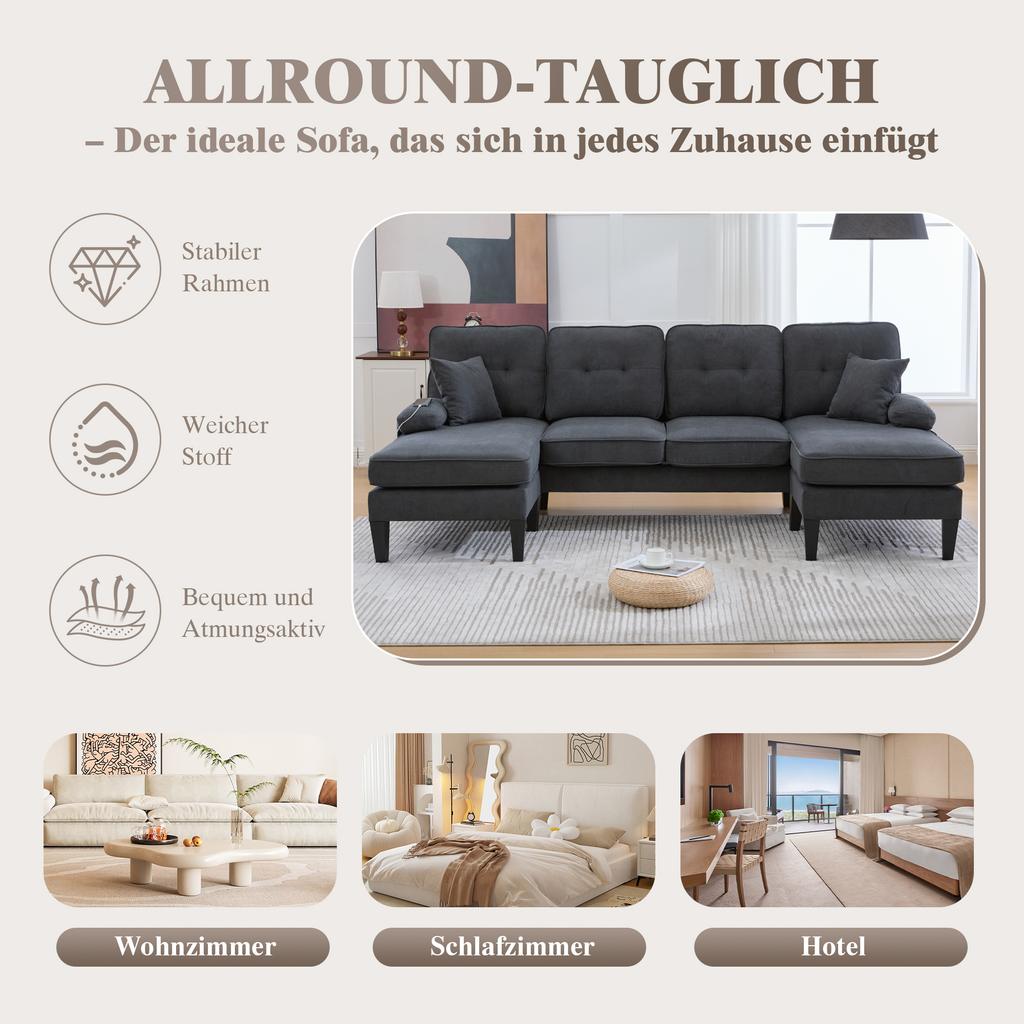 Large U-Shaped 4-Seater Sofa in Soft Linen Fabric, Modern Backrest, Two Chaise Lounges, Sturdy Legs, Cozy Seat Cushions, Decorative Pillows, Dark Grey
