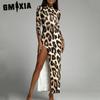 Women's Fashion Summer Spring Leopard Print Long Sleeve Half Turtleneck Casual Dresses