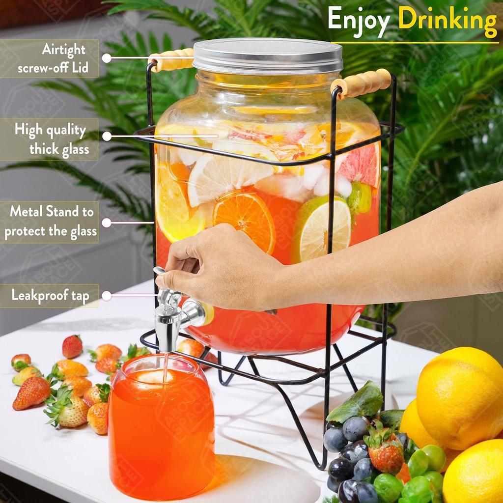 5-литровый стеклянный диспенсер для воды с подставкой - Герметичная крышка Стеклянный кувшин для детокс-воды - Банка Мейсона - Настольный