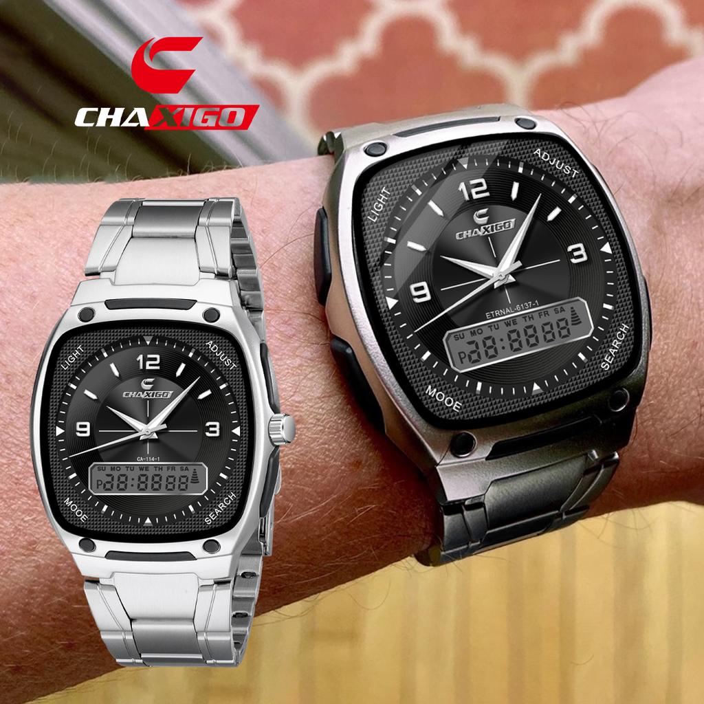 Мужские аналоговые часы с двойным дисплеем на стальном браслете, люминесцентные стрелки, водонепроницаемость 30 м, кварцевые часы