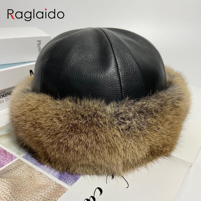 Bunny Hat Women Winter Fluffy Warm Rabbit Fur Beanie Hat Men Women Leather Caps   Fur Outdoor Snow Hat