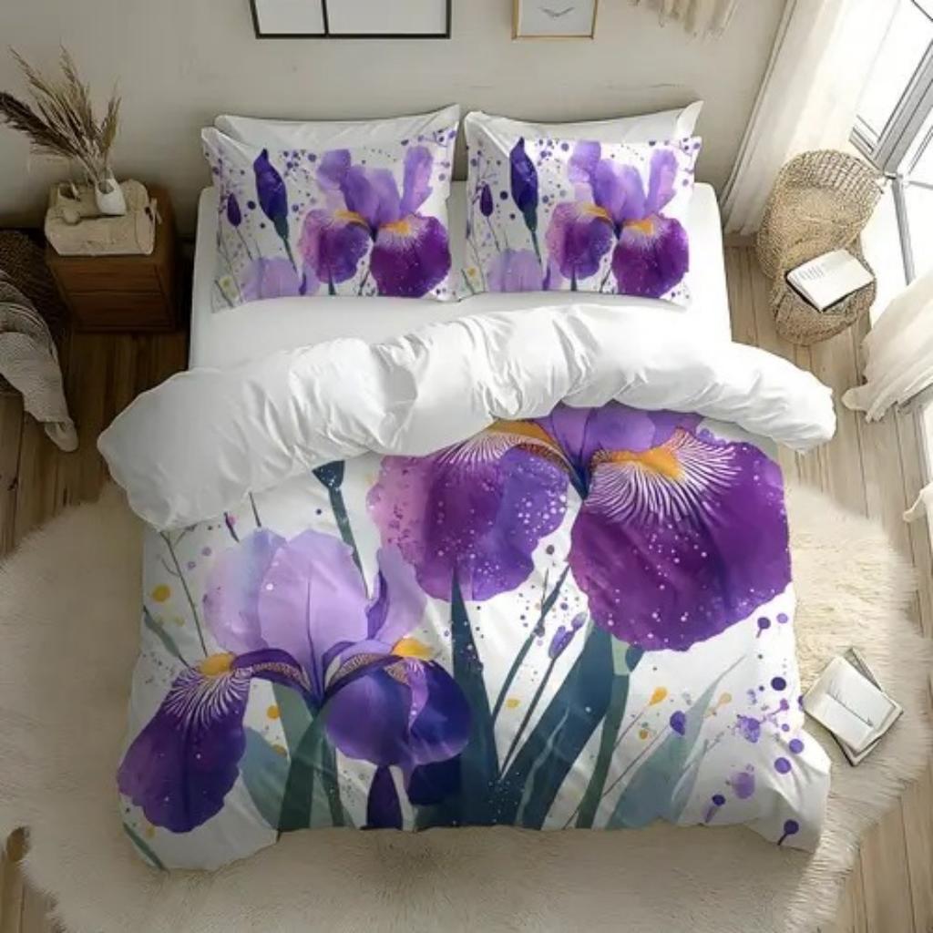 Пододеяльник с узором из фиолетовых цветов в стиле легкой роскоши, размер Queen King, 3D-печать, мягкое и удобное постельное белье, комплект из 3 предметов