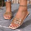 Women's Flat Sandals Summer New Style Square Head Shallow Mouth Rivet Transparent with Soft Sole Non-slip Slippers
