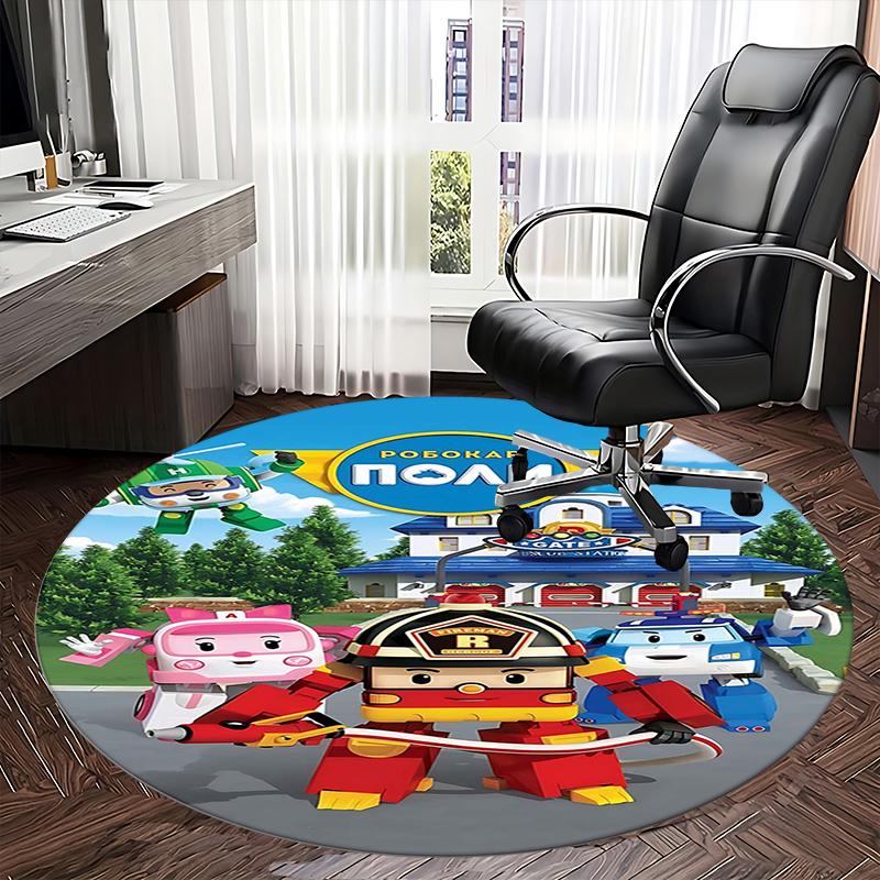 Robocar Poli,Rescue Station Chair mat Round Rug-Office carpet, Machine Washable, Non-slip, Suitable for Living Rooms, Bedrooms, Entryways, a