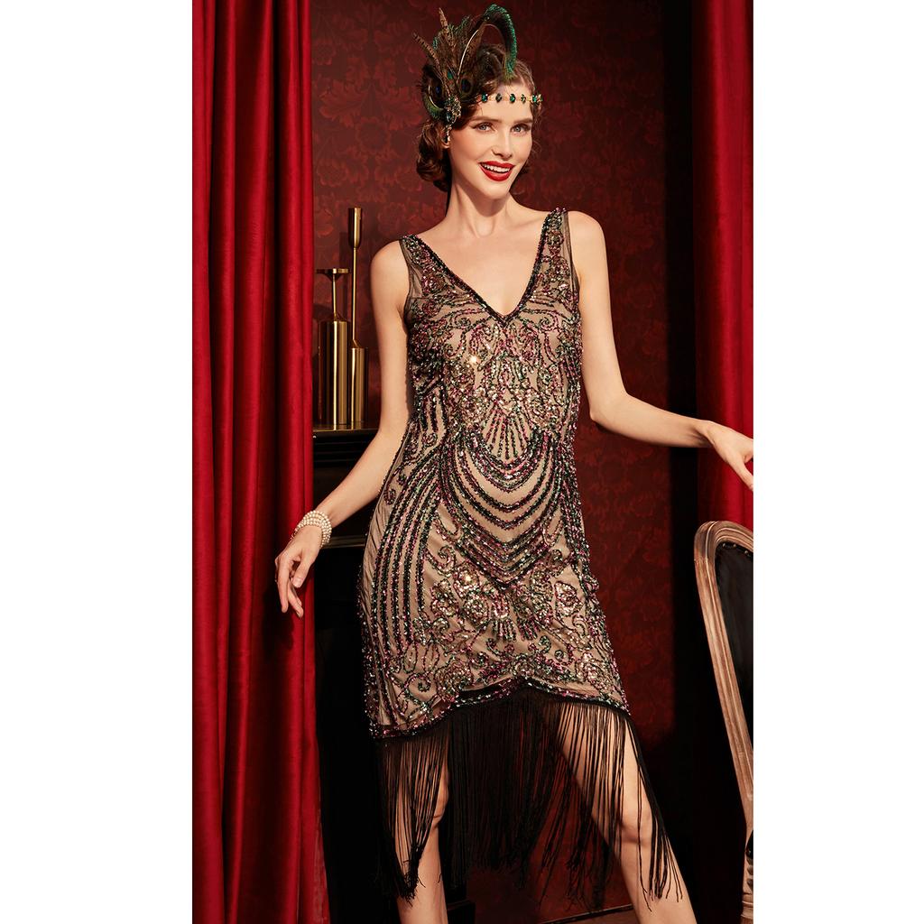 Retro Masquerade V-neck High-end Dress Gatsby Party Party Sequin Tassel Dress