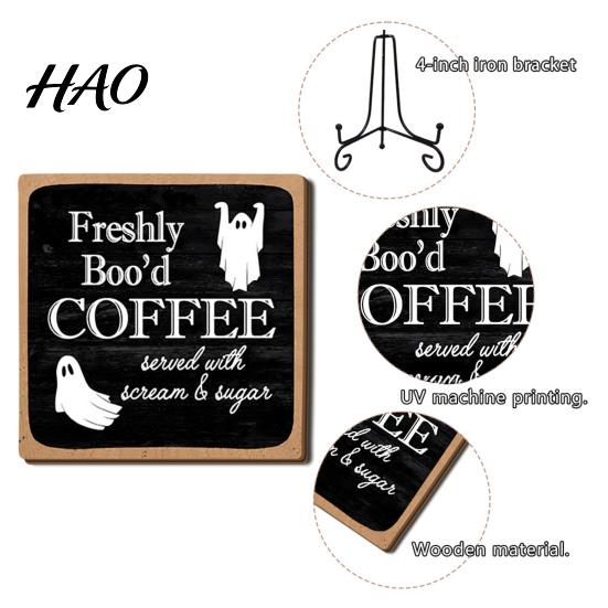Indoor Holiday Party Supplies Halloween Coffee Bar Wooden Sign with Iron Display Stand for Corner Vintage Style Spooky Signs Tabletop Decor,
