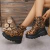 2025 Ladies Shoes Large Size Ankle Women's Boots High Heel Modern Boots Women Leopard Side Zip Front Lace-up Wedge Female Shoes