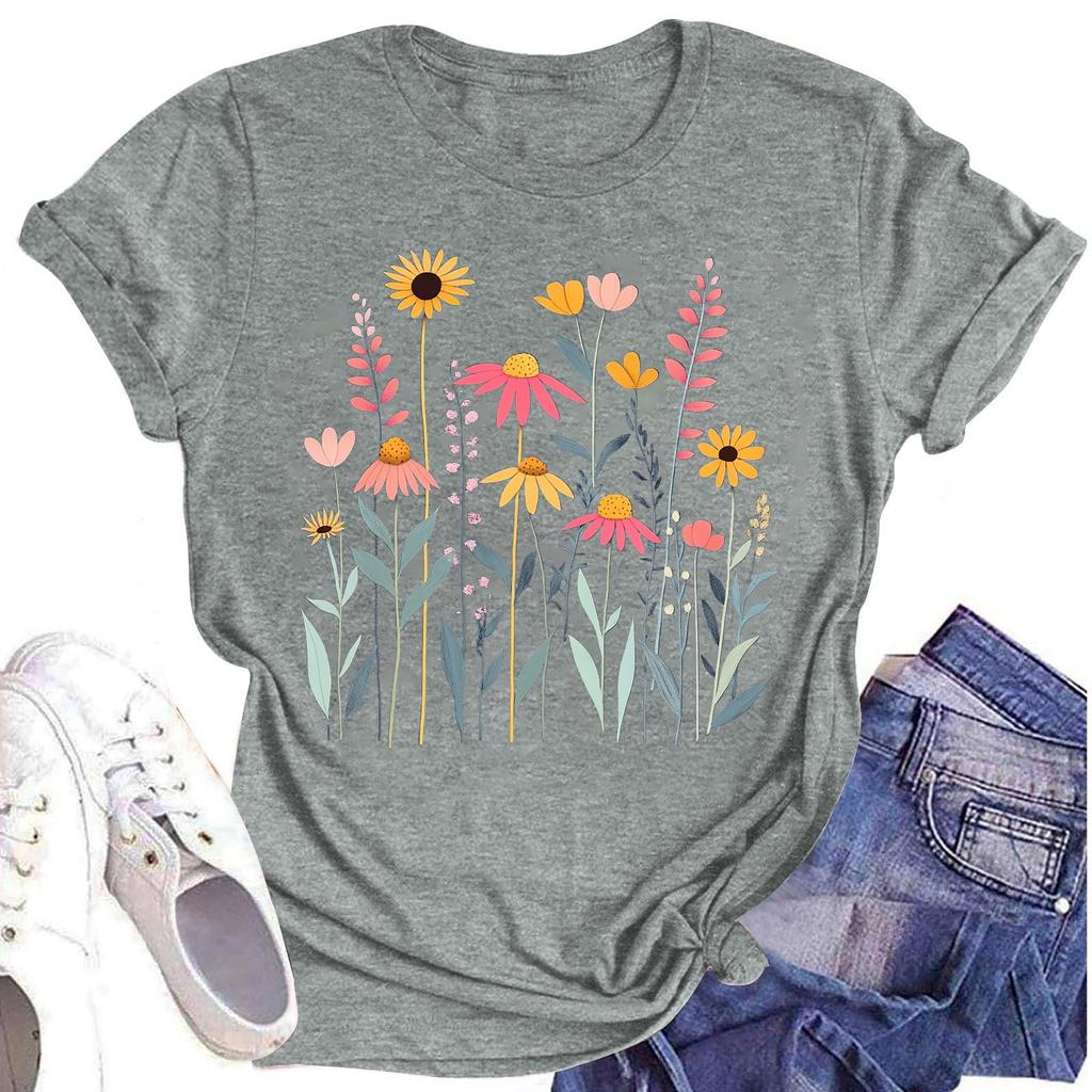 Женская повседневная футболка с круглым вырезом и цветочным принтом, короткий рукав
