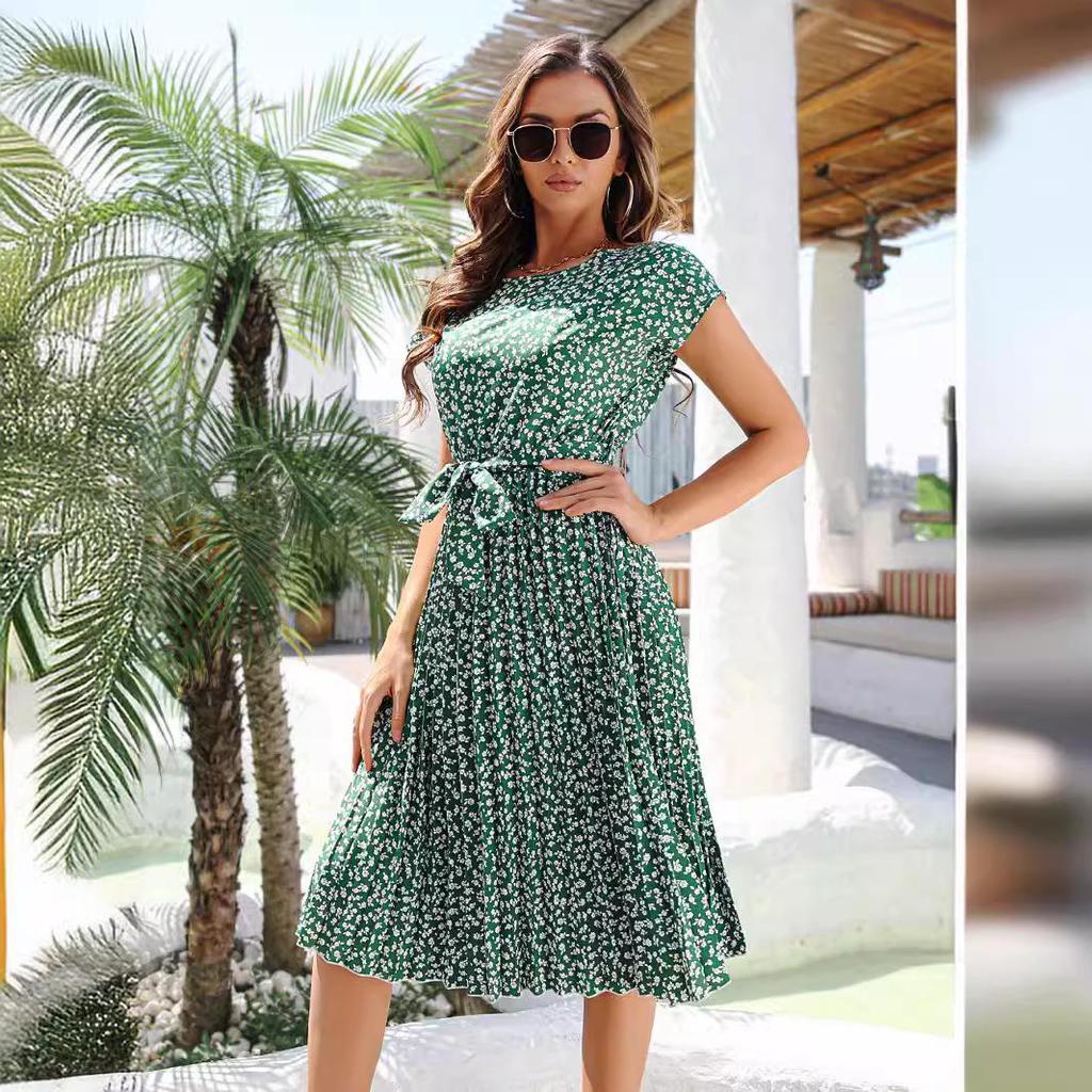 2025 Цветочная плиссированная юбка с коротким рукавом - Весна/Лето Европейский и американский стиль