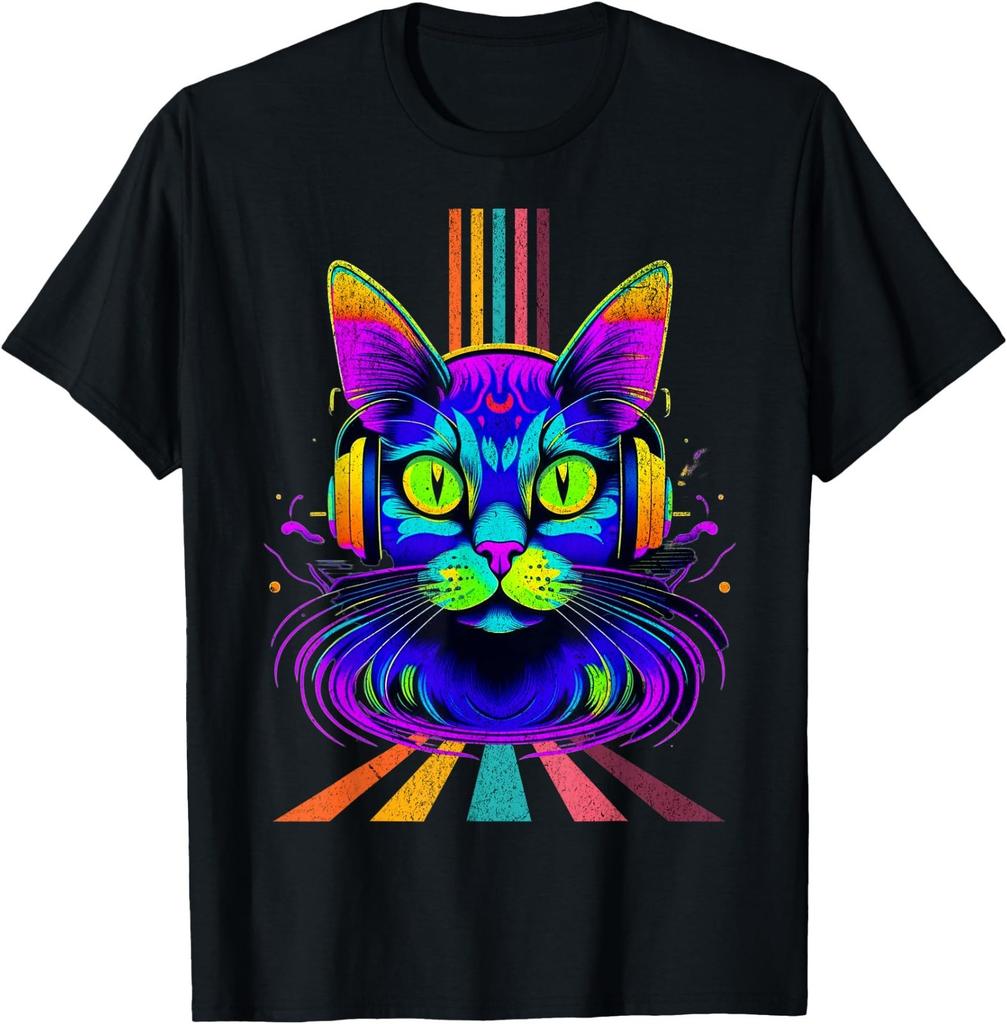 Cat Wearing Headphones Nightclub Electronica Music Funny T-Shirt