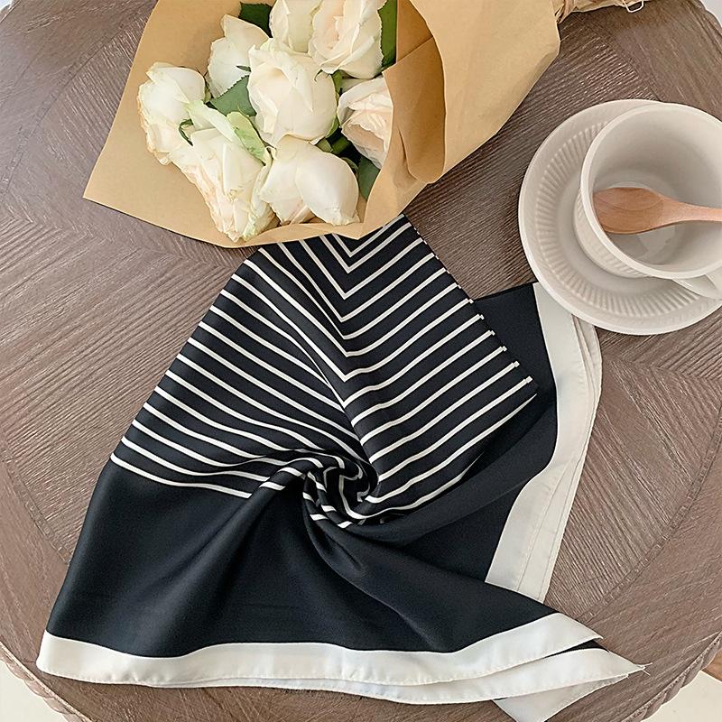 Silk Scarf Female Stripe Black and White Printing Spring and Summer New Decoration Simple Fashion Simulation Silk Square Scarf