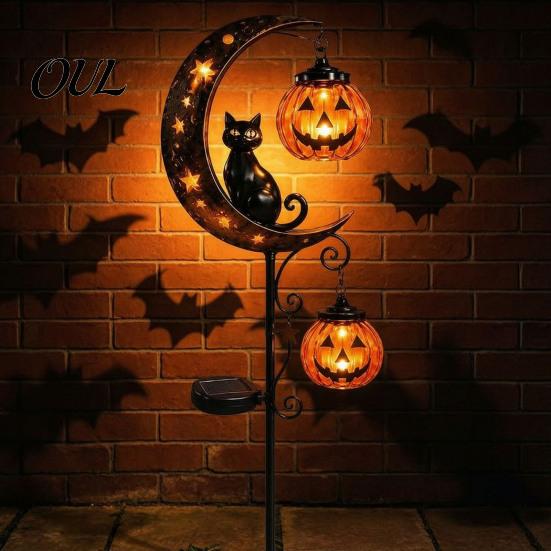 Decorative Metal Yard Stakes Solar Halloween Garden Stake Light, Auto On/Off Crescent Moon Black Cat with Hanging Spooky Outdoor Patio Accents Pumpkin