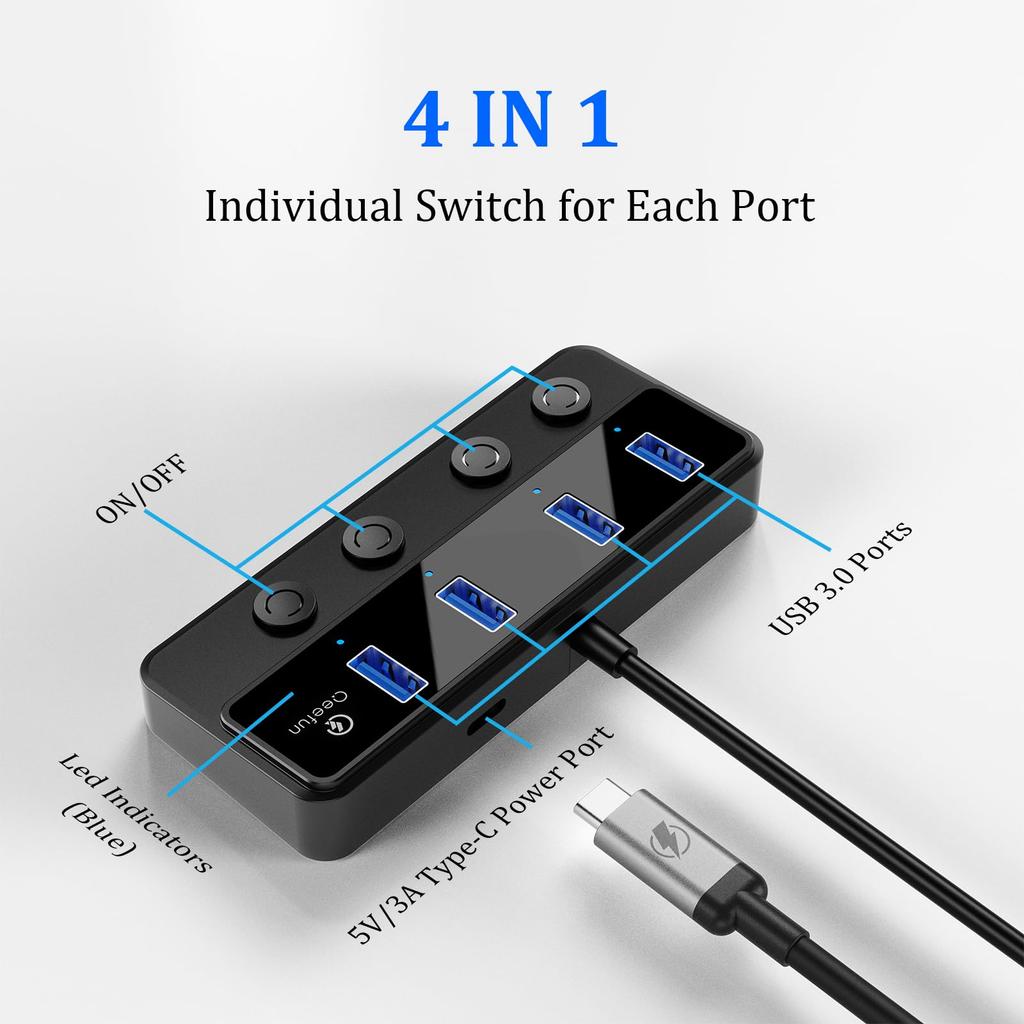 Qeefun USB Hub 5 Port Hub with Power Supply Port Independent Switch LED Indicator Light 5Gbps High Speed Transfer Compact Lightweight Compatible with
