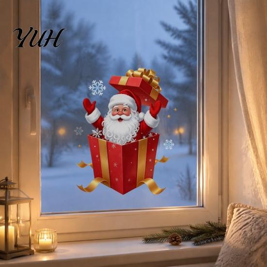 Indoor Outdoor Holiday Decor Santa Gift Box Sticker, Christmas Static Window Decal, Removable Waterproof PVC Wall Stickers Decal for Glass Doors