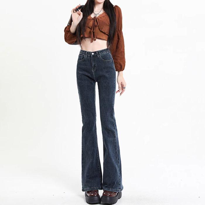 Женские джинсы клеш ретро светло-голубого цвета с высокой посадкой - Маленький размер, стрейч, облегающие