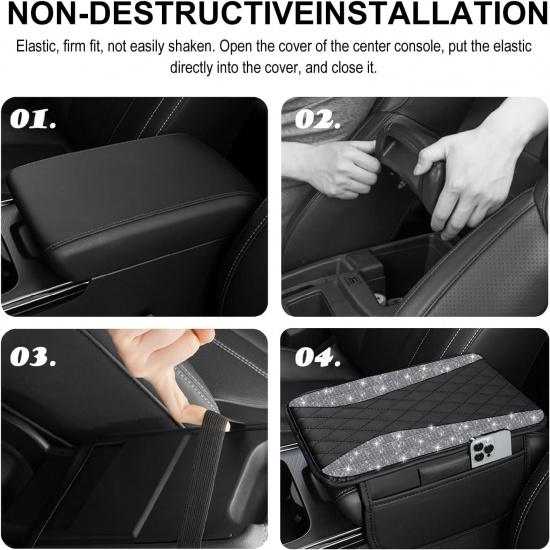 NBTEPEM Bling Car Center Console Cover, Leather Middle Console Cover With 2 Storage Bags, Universal Arm Rest Cover Protector, Bling Car Accessories