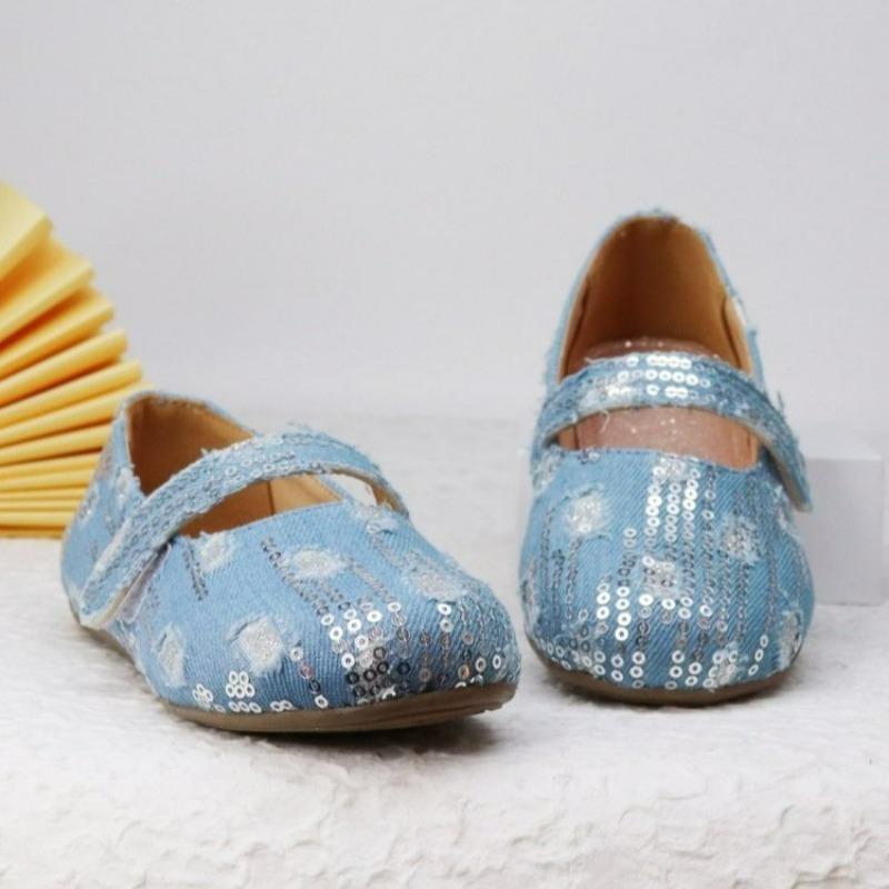 Туфли на плоской подошве для девочек, детские туфли принцессы из денима с пайетками, модные детские кожаные туфли для вечеринки, свадьбы, весна-осень 2024, новинка