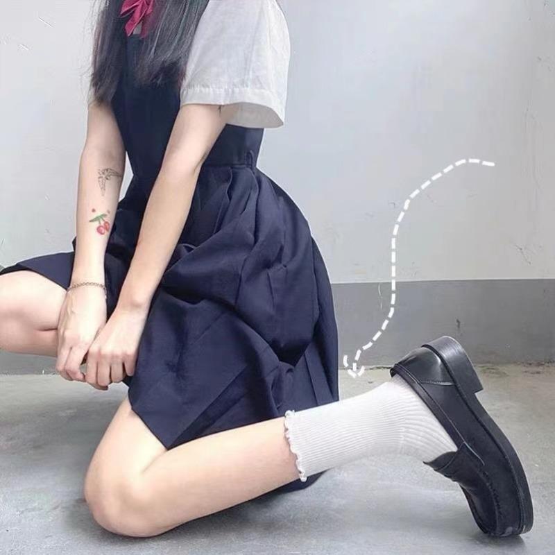 5 пар хлопковых носков с оборками для женщин, милые кавайные корейские носки для девочек, весна, черные, белые, средняя трубка, японские носки