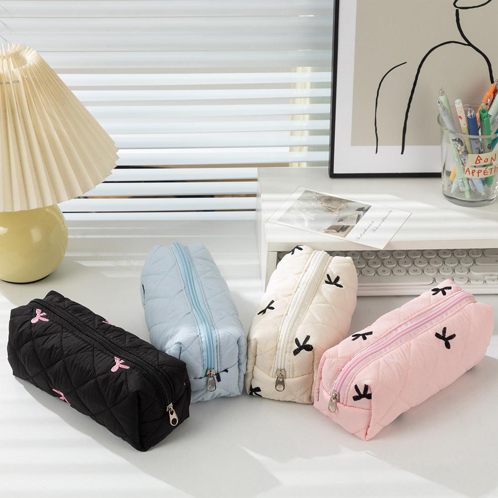 1Pc Simple Bowknot Large Capacity Pencil Bag Fresh Quilting Stationary Storage Bags For Girls Makeup Pouch Pencil Case
