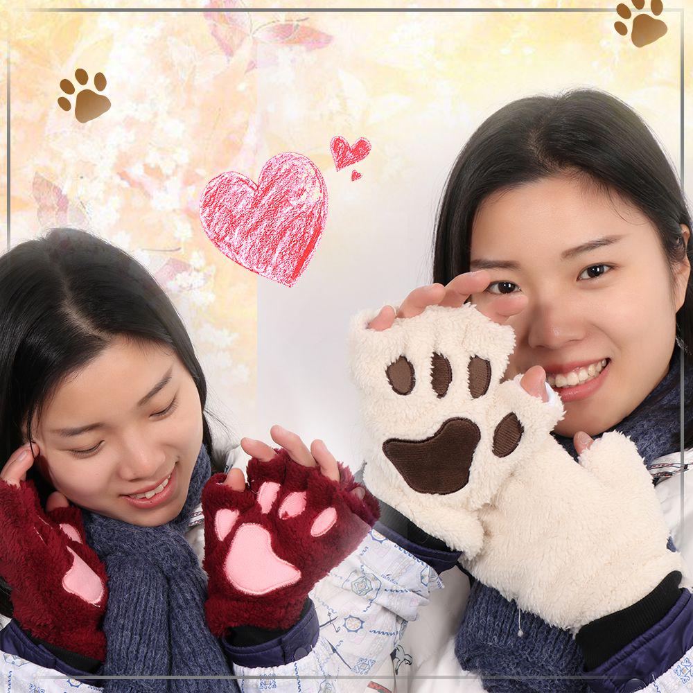 14Colors Girl Winter Warm Fluffy Plush Gloves Fingerless Bear Cat Paw