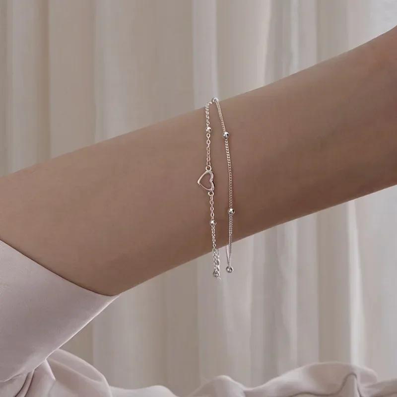 925 Sterling Silver Double Love Heart Hollow Round Beads Bracelet Female Fashion Romantic Jewelry Classic Adjustable Gifts