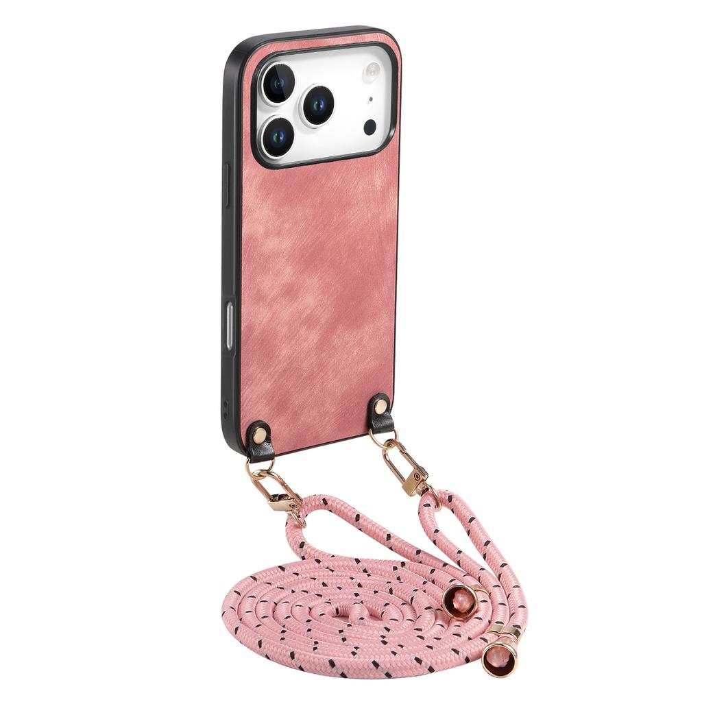 For iPhone 17 Pro Retro Leather Phone Back Cover with Adjustable Strap