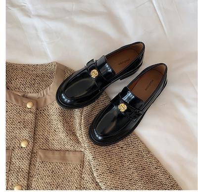 Черные французские ретро туфли, туфли-одиночки на платформе с маленькой золотой пряжкой, кожаный круглый носок, на одном ремешке, толстый каблук, лоферы, маленькие кожаные туфли для женщин