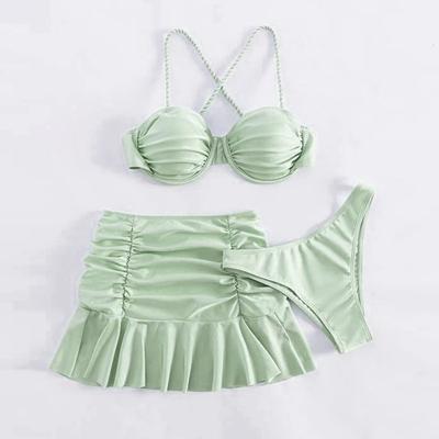 Новый модный трехкомпонентный купальник с плиссированной юбкой однотонной расцветки