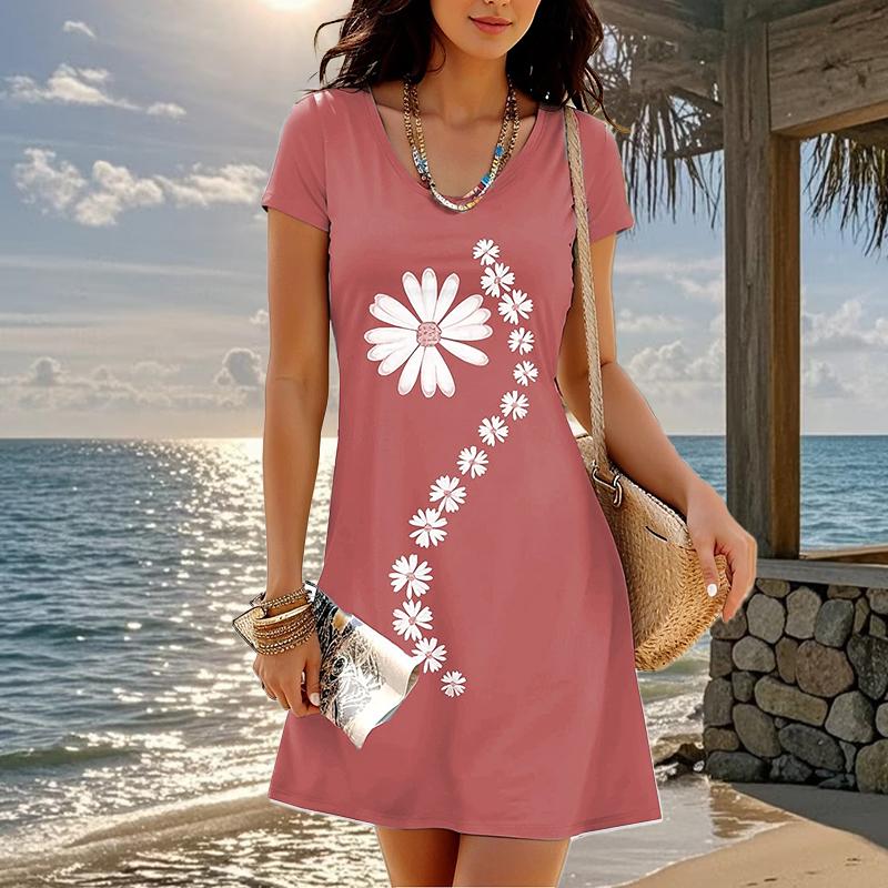 Модное женское свободное платье-трапеция с цветочным принтом и коротким рукавом с круглым вырезом и принтом листьев