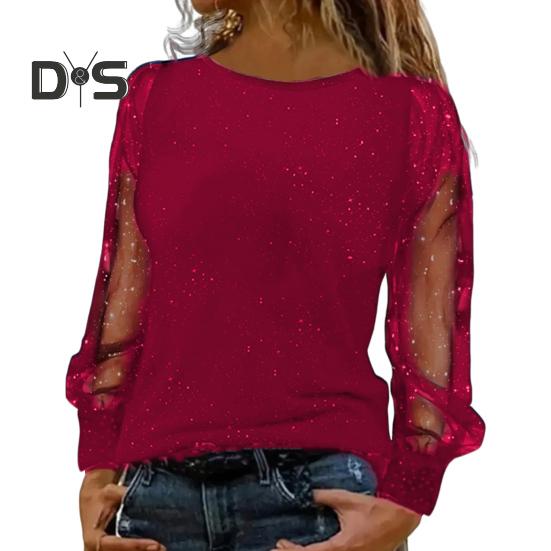 Women T-shirt Round Neck See-through Glitter Long Sleeve Tops Solid Color Loose Fit Casual Tops Daily Wear