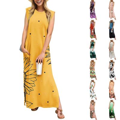 Летние платья для женщин с круглым вырезом, повседневные свободные, с принтом, без складок, длинное пляжное платье макси с карманами