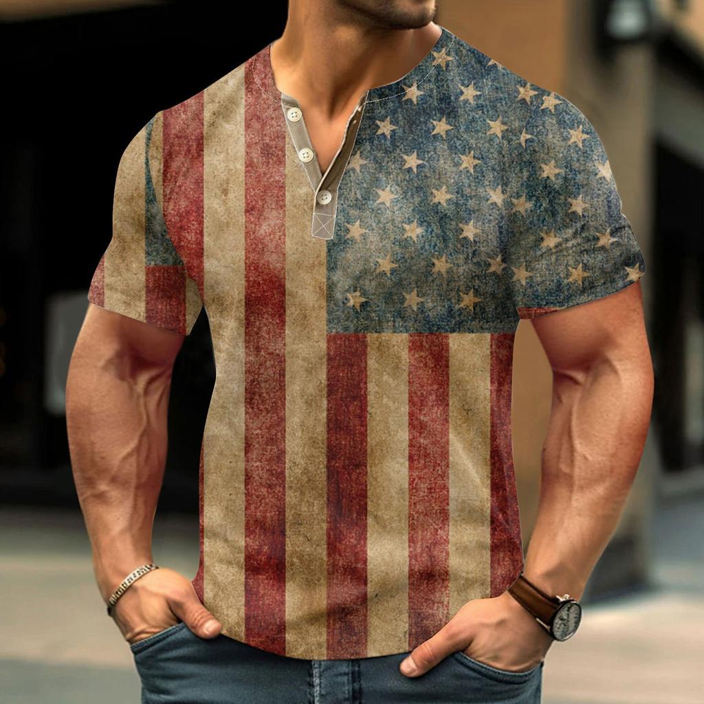 Винтажная летняя мужская футболка, уличная одежда, 3 пуговицы, свободная одежда, футболка с коротким рукавом и принтом