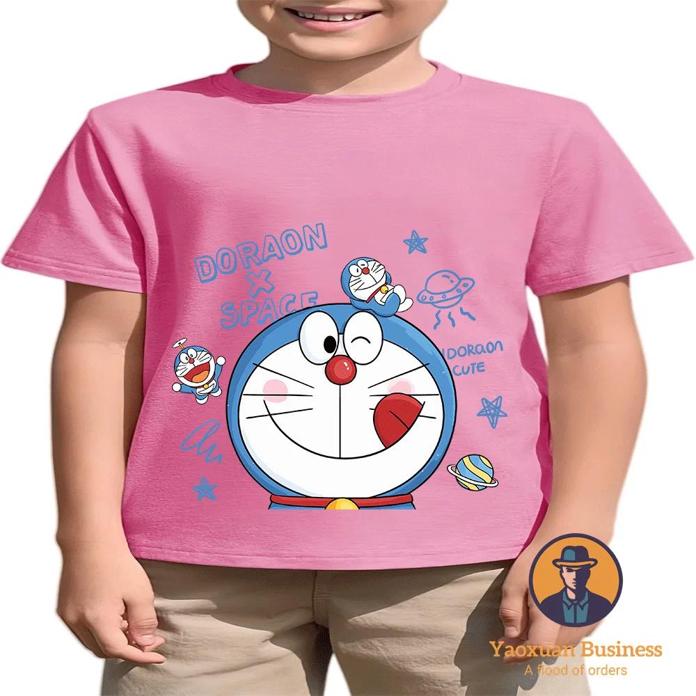 Классическая аниме-футболка с круглым вырезом Doraemon для мальчиков и девочек, летняя