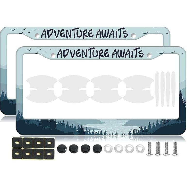 2PCS Blue Adventure Awaits Forest License Plate Frames For Men Women - Personalized Nature Universal Metal License Plate Holders With Car Door Handle
