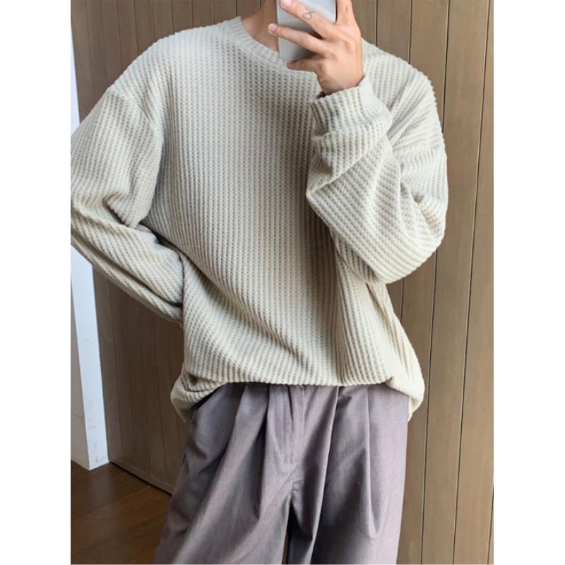 Men's Spring Waffle Long Sleeve T-shirt Slouchy Inside Loose Top