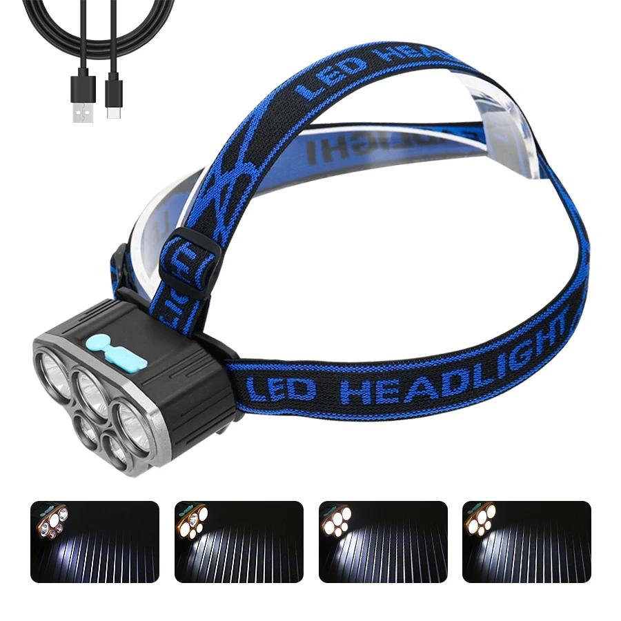 Rechargeable 5 LED Headlight Ultra Bright Powerful Waterproof Head Flashlight Head Torch for Outdoor Camping Running Lighting