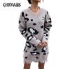 Осенне-зимнее женское платье-свитер, модное вязаное платье-свитер с длинным рукавом и v-образным вырезом, потертый леопардовый свитер, платья