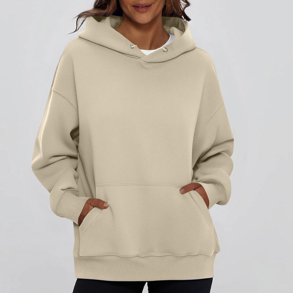 Ladies' Fashionable Solid Color Casual Hooded Pocket Long Sleeved Sweatshirt